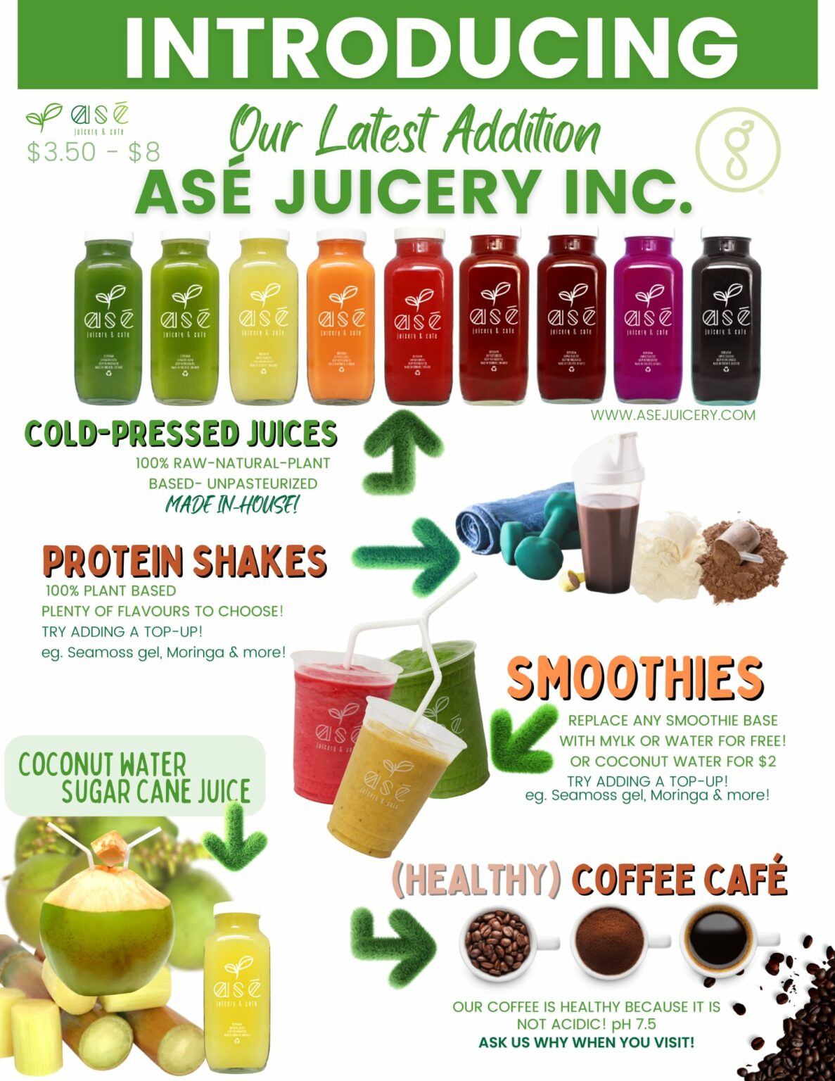 Products offered by Ase Juicery at Grow Fitness
